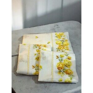 Vtg Yellow Roses Lace Penn-Prest Fashion Manor Double Full Bed Sheet Pillowcases